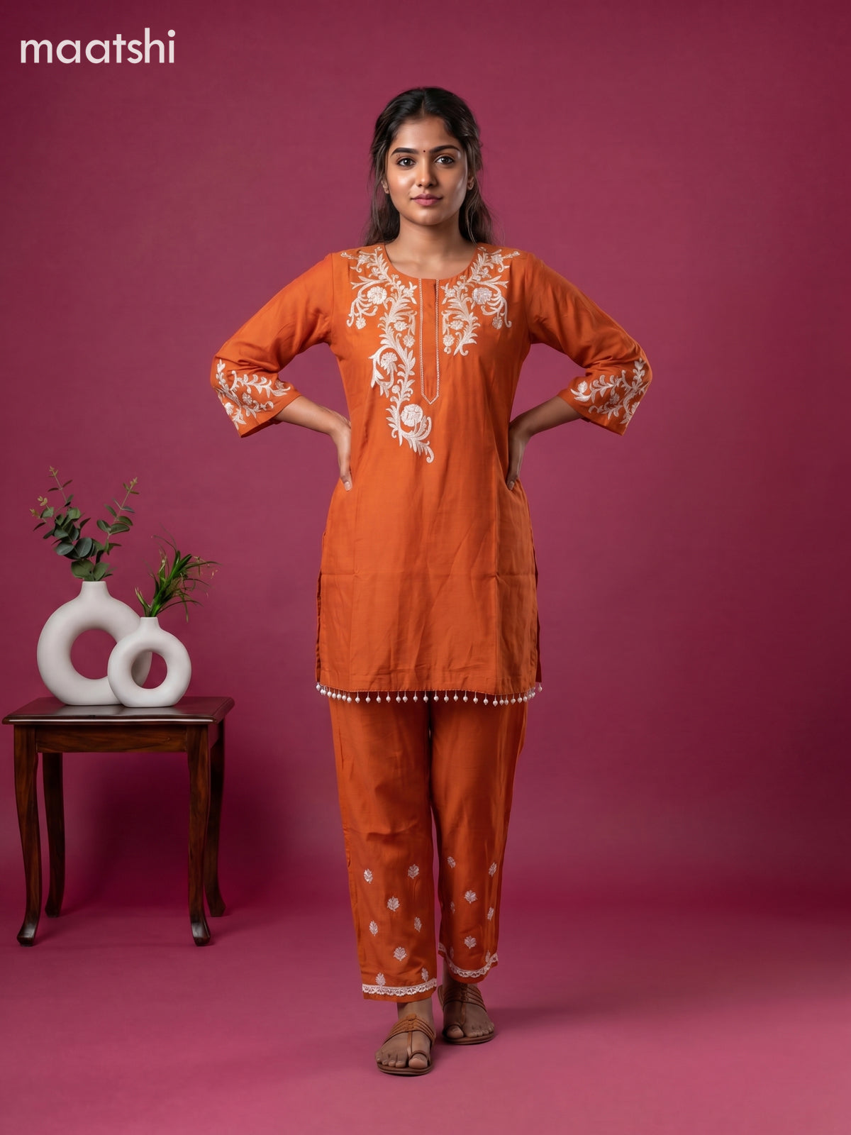 Rust Orange Mul Chanderi Embroidery Short Co-Ord Set