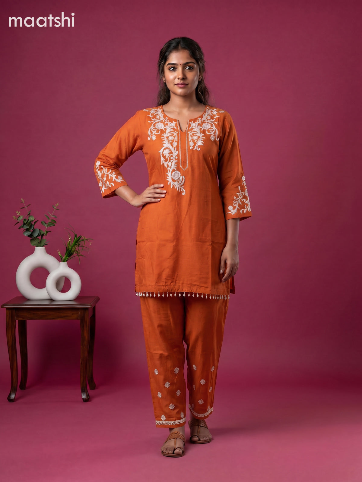 Rust Orange Mul Chanderi Embroidery Short Co-Ord Set