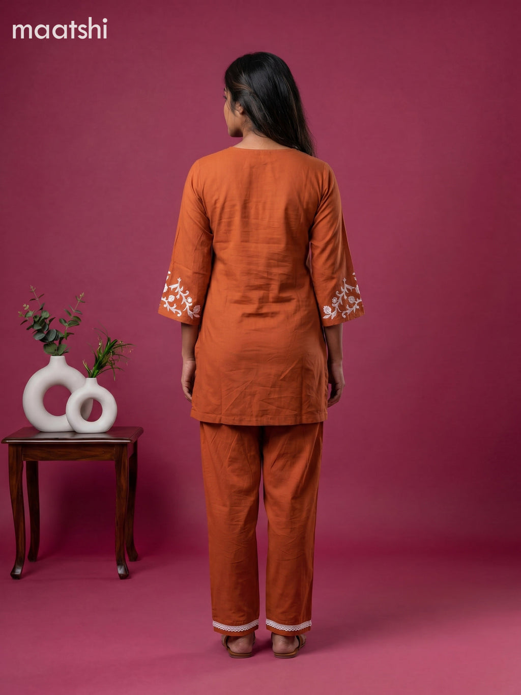 Rust Orange Mul Chanderi Embroidery Short Co-Ord Set