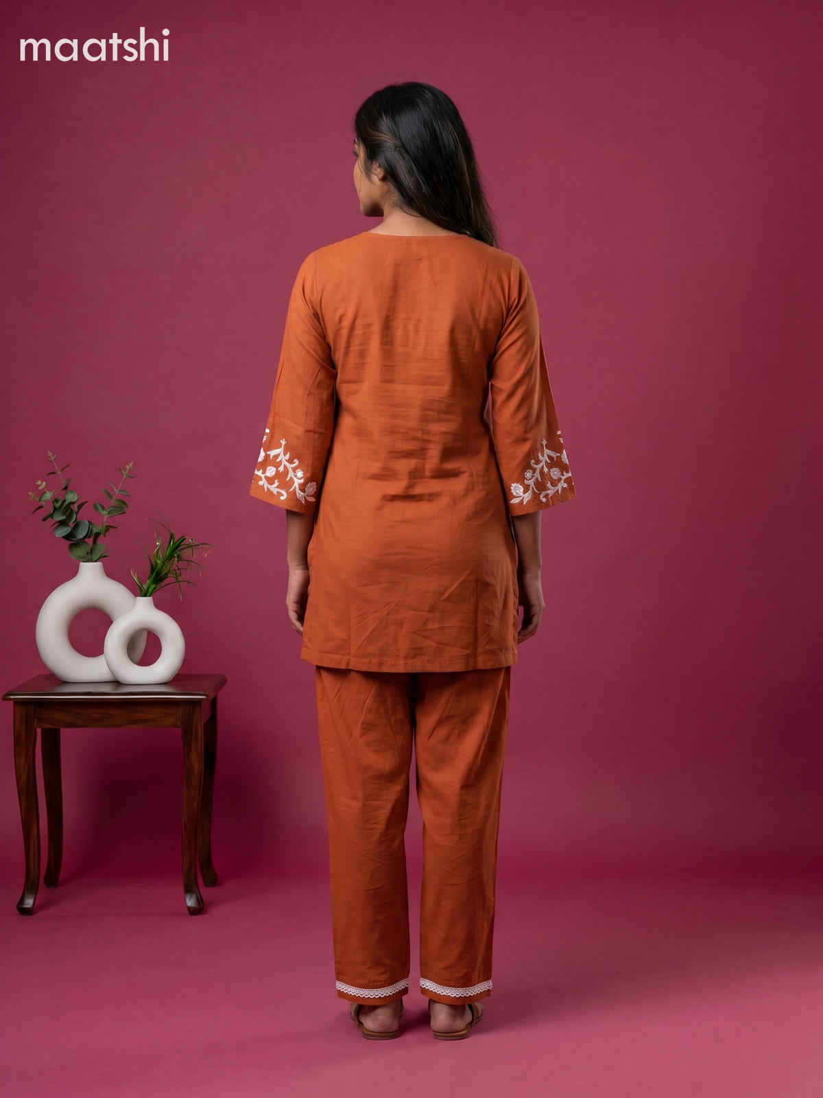 Rust Orange Mul Chanderi Embroidery Short Co-Ord Set