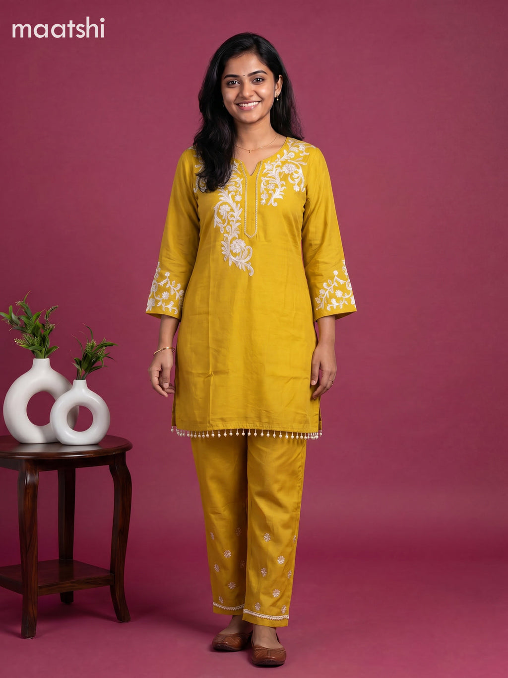 Mustard Yellow Mul Chanderi Embroidery Short Co-Ord Set