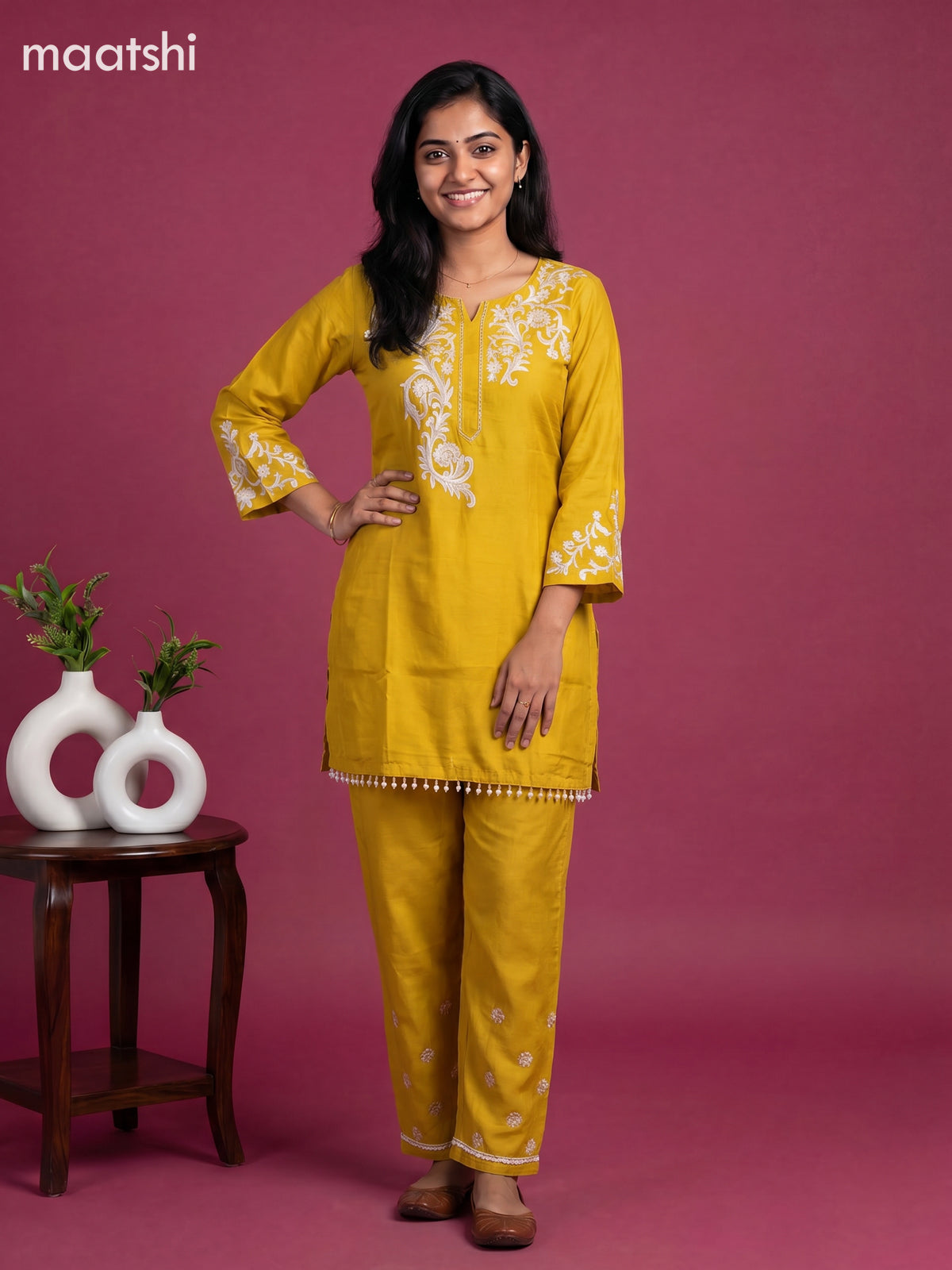 Mustard Yellow Mul Chanderi Embroidery Short Co-Ord Set