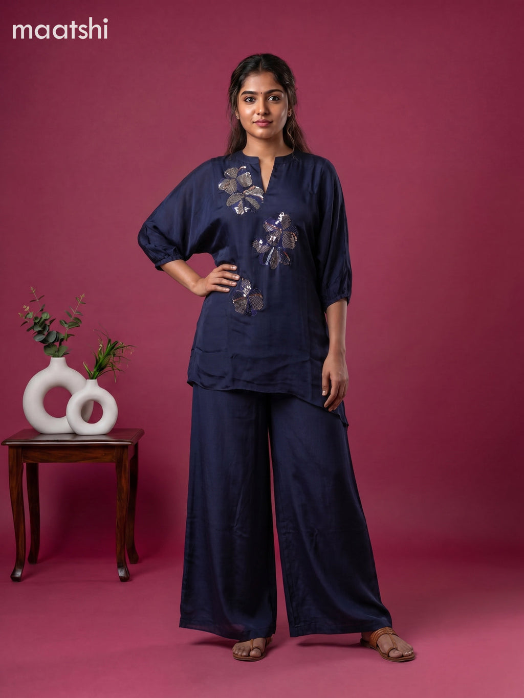 Navy Blue Chiffon Embroidery Short Co-Ord Set