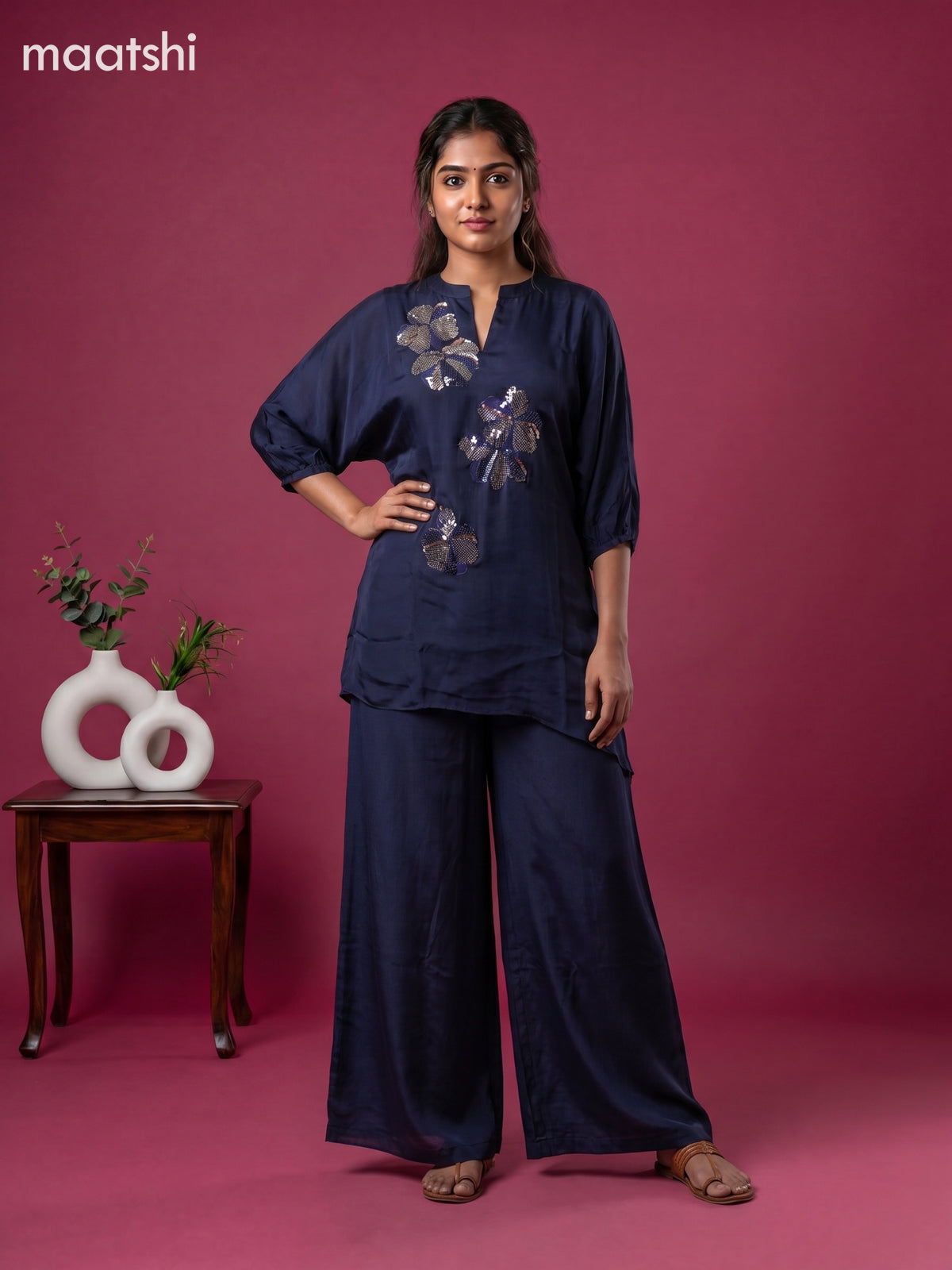 Navy Blue Chiffon Embroidery Short Co-Ord Set