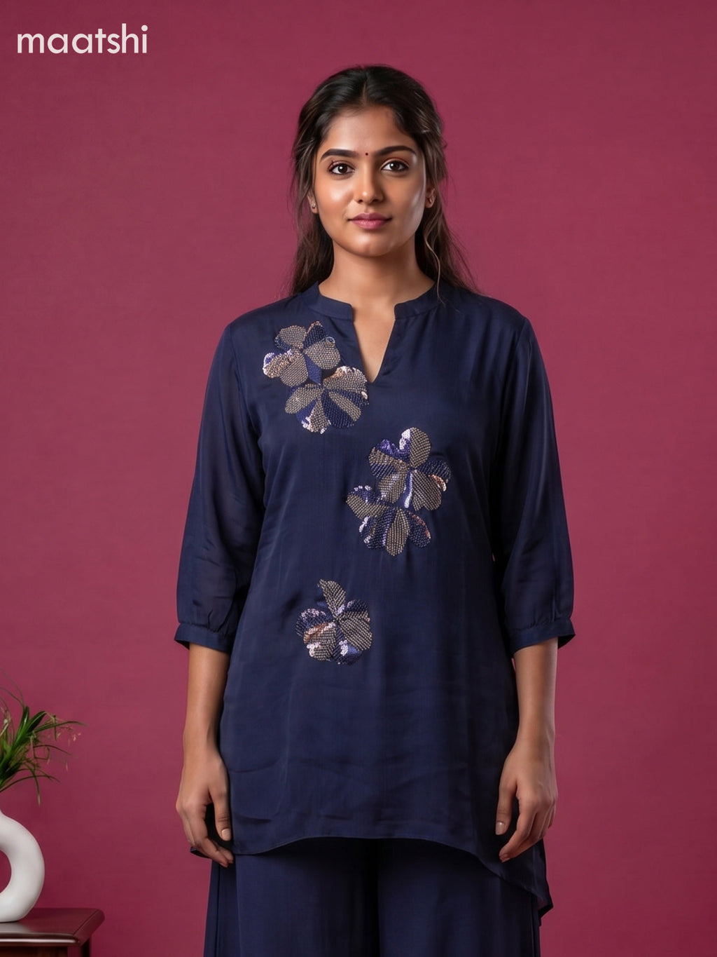 Navy Blue Chiffon Embroidery Short Co-Ord Set