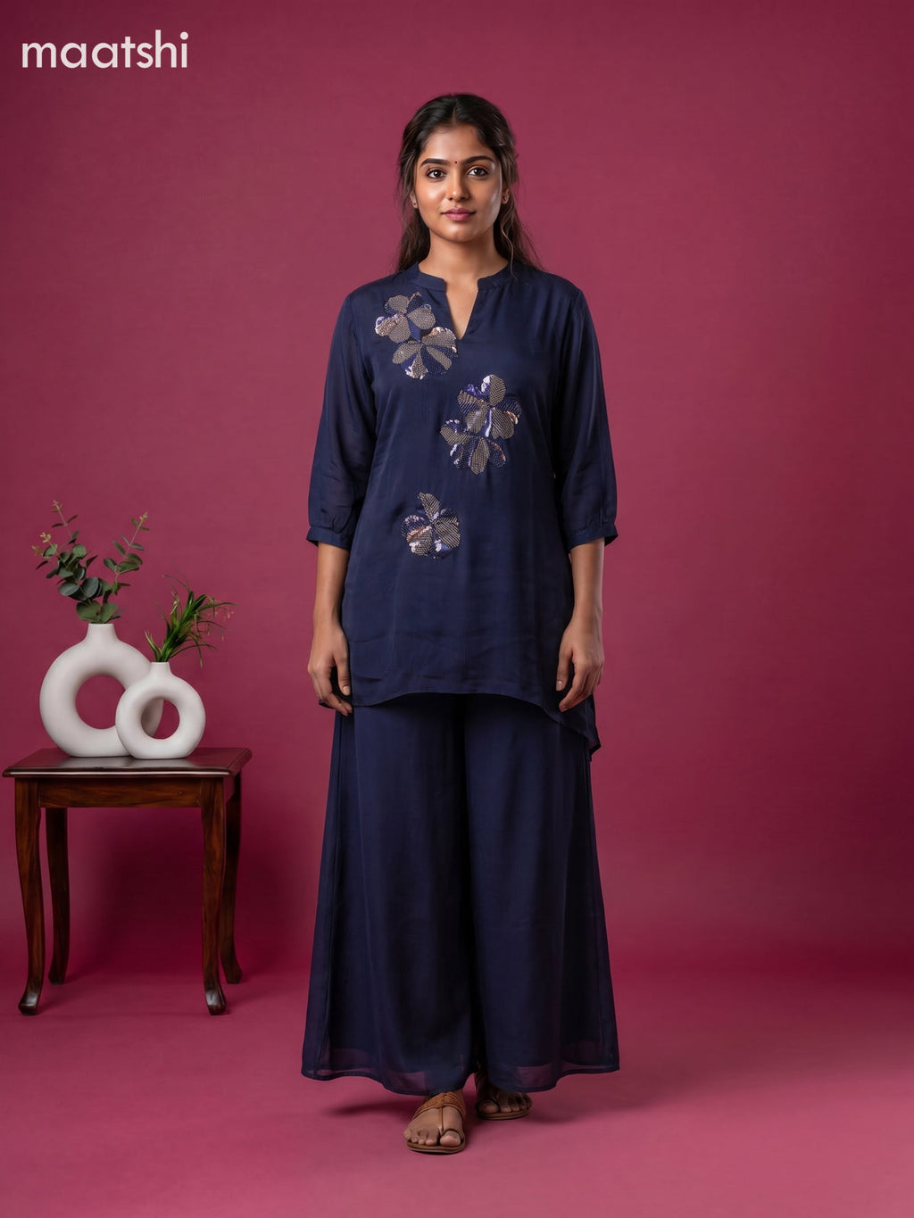 Navy Blue Chiffon Embroidery Short Co-Ord Set