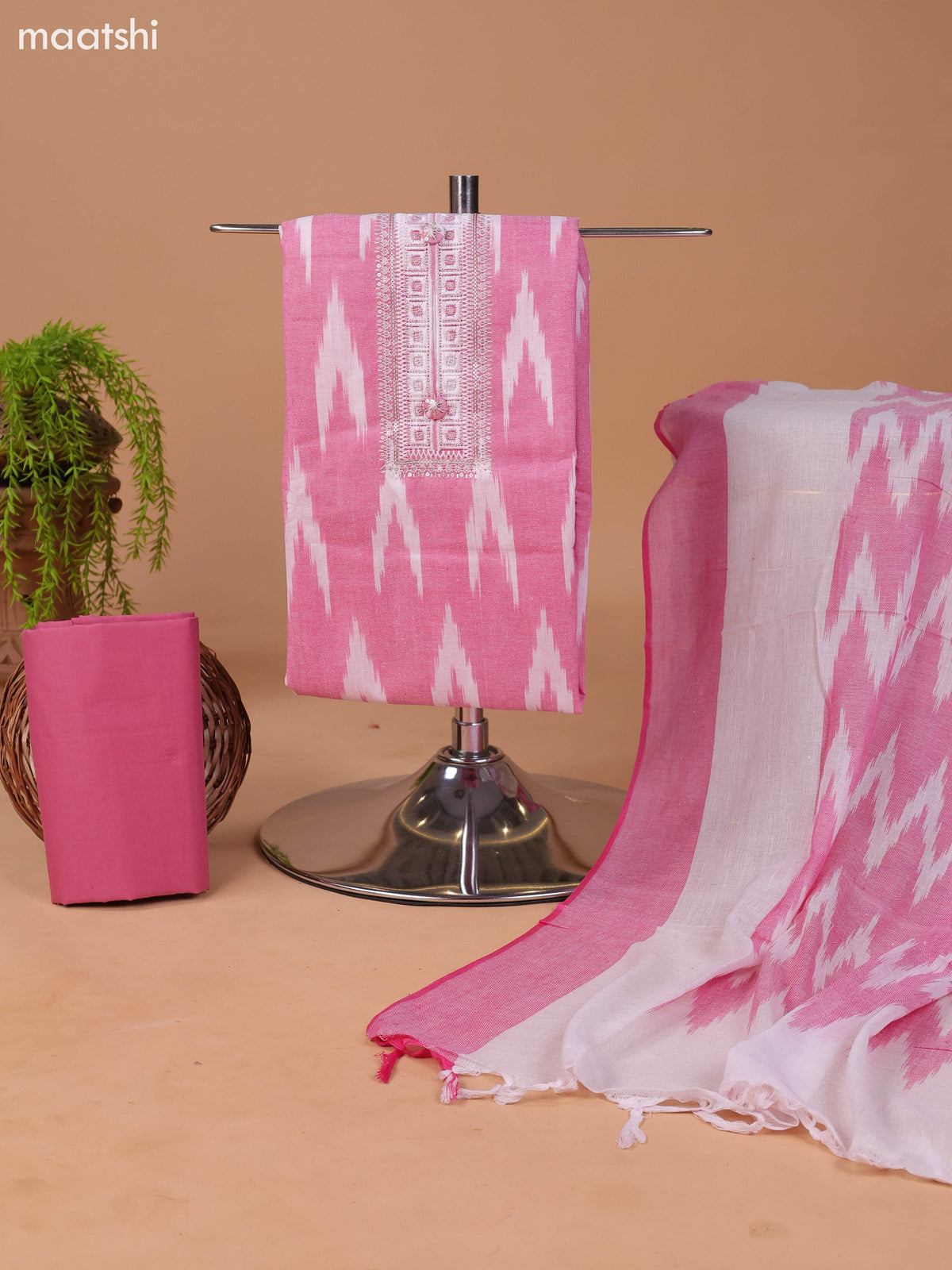 Dark Pink and Off White Cotton Dress Material With Ikat Weaves & Embroidery Work Neck Pattern and Bottom & Dupatta