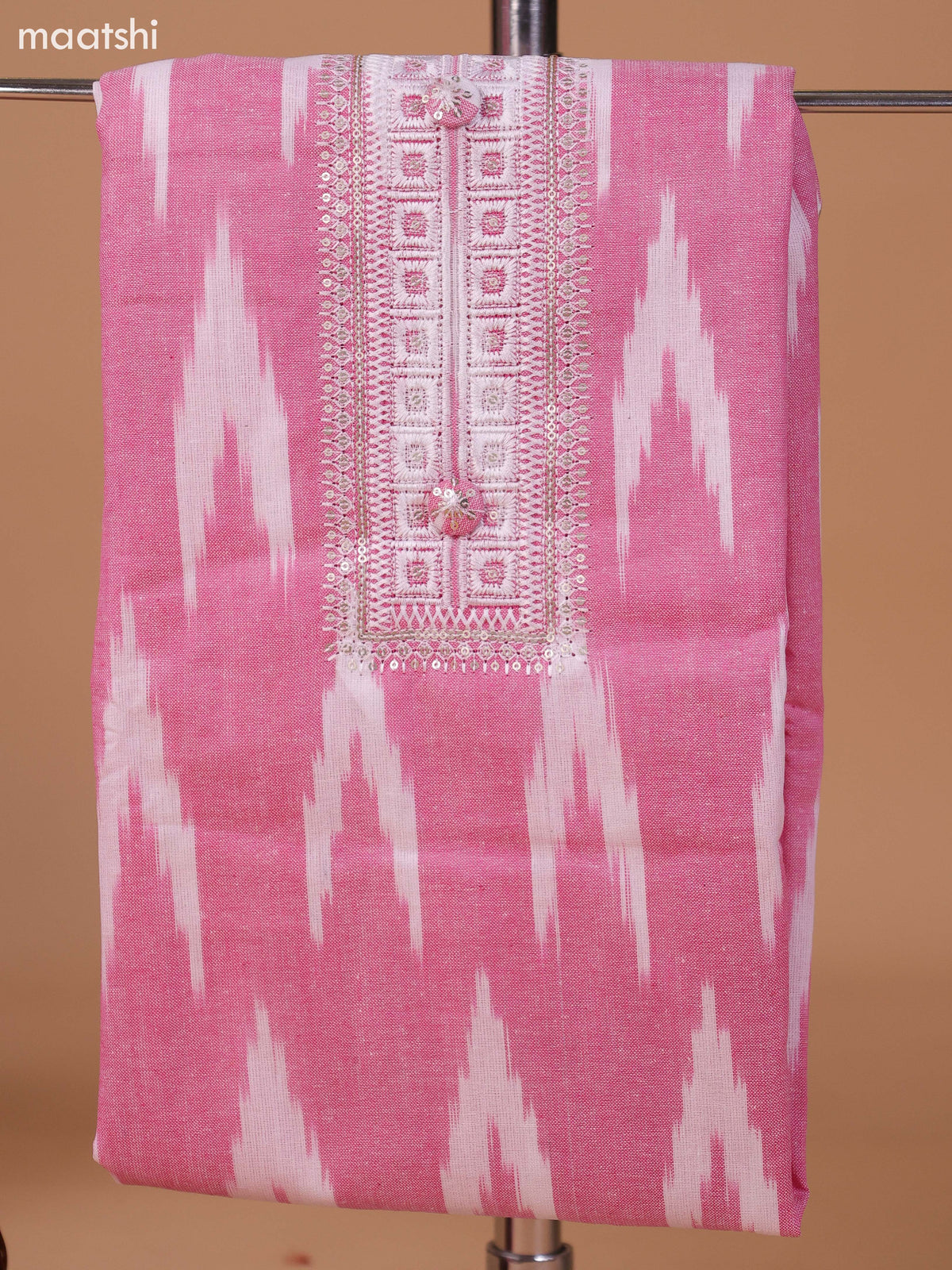 Dark Pink and Off White Cotton Dress Material With Ikat Weaves & Embroidery Work Neck Pattern and Bottom & Dupatta