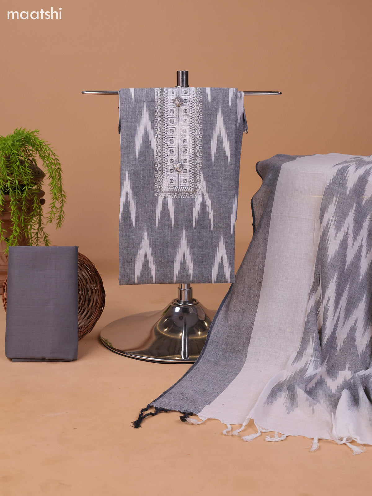 Grey and Off White Cotton Dress Material With Ikat Weaves & Embroidery Work Neck Pattern and Bottom & Dupatta