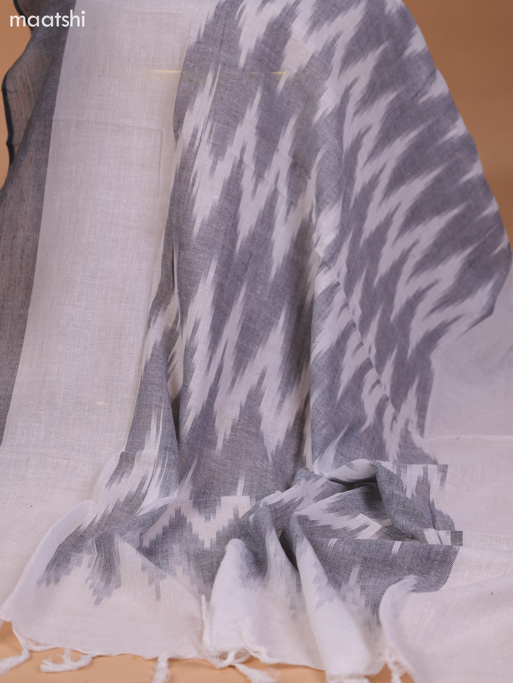 Grey and Off White Cotton Dress Material With Ikat Weaves & Embroidery Work Neck Pattern and Bottom & Dupatta
