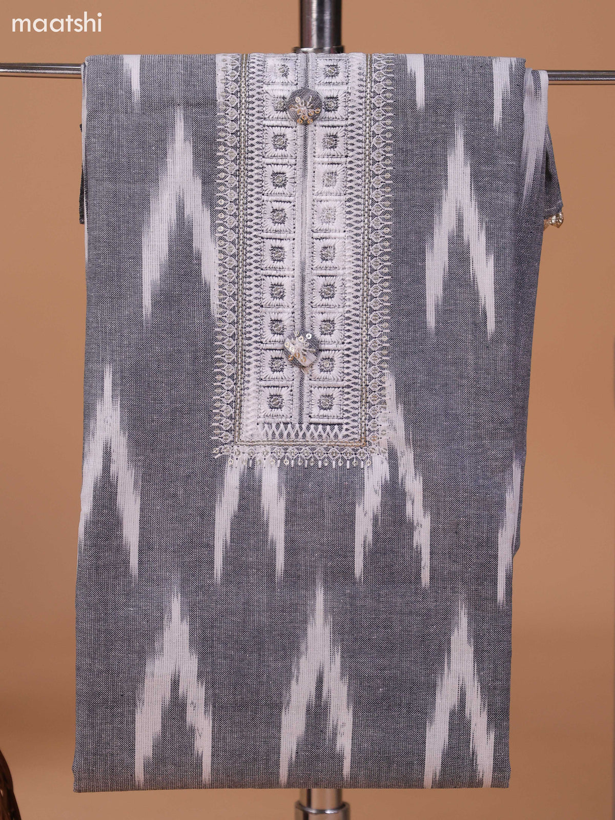 Grey and Off White Cotton Dress Material With Ikat Weaves & Embroidery Work Neck Pattern and Bottom & Dupatta