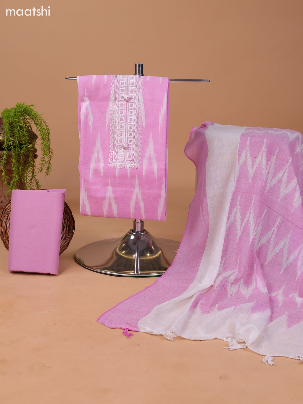 Pink and Off White Cotton Dress Material With Ikat Weaves & Embroidery Work Neck Pattern and Bottom & Dupatta