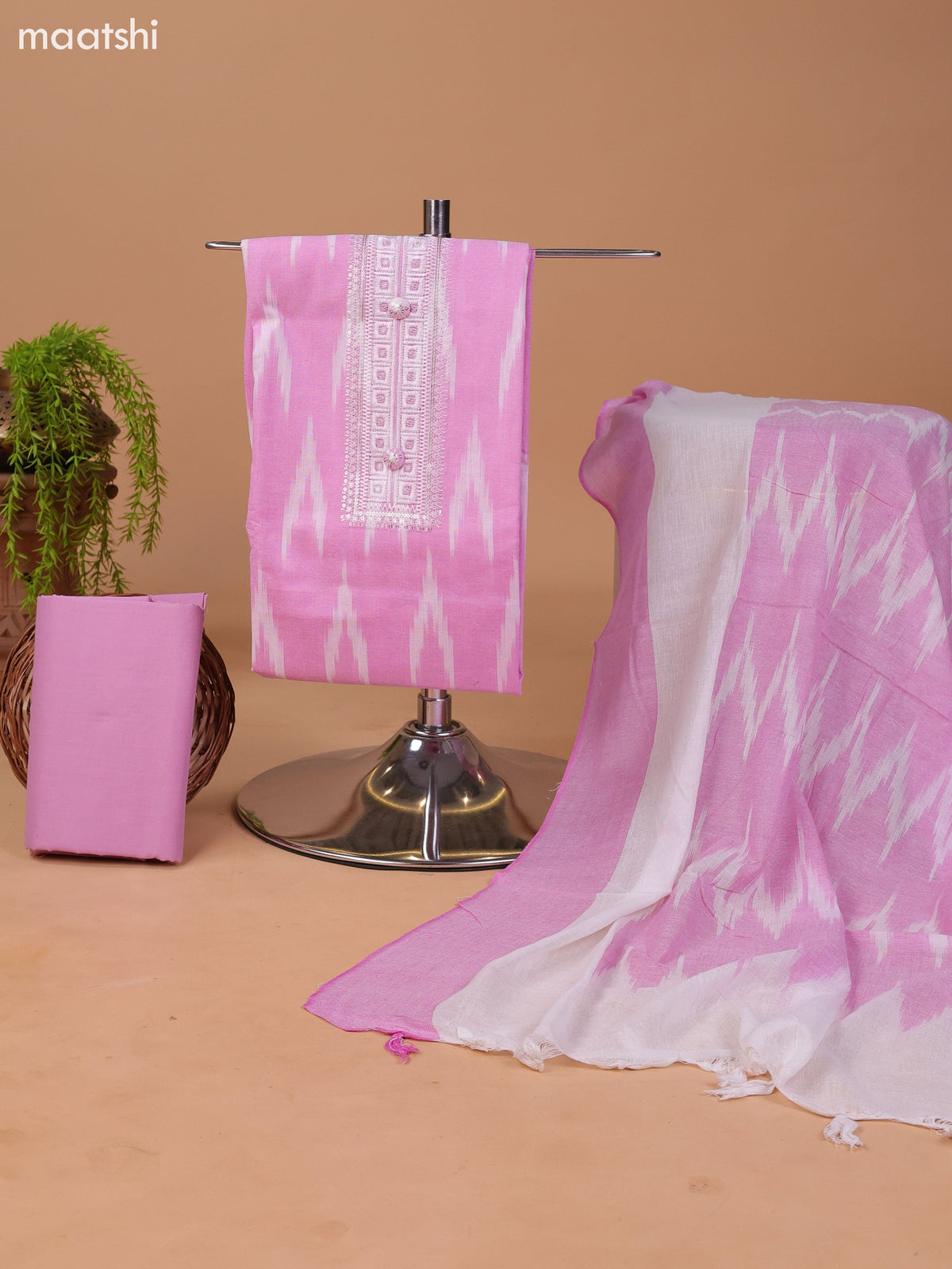 Pink and Off White Cotton Dress Material With Ikat Weaves & Embroidery Work Neck Pattern and Bottom & Dupatta