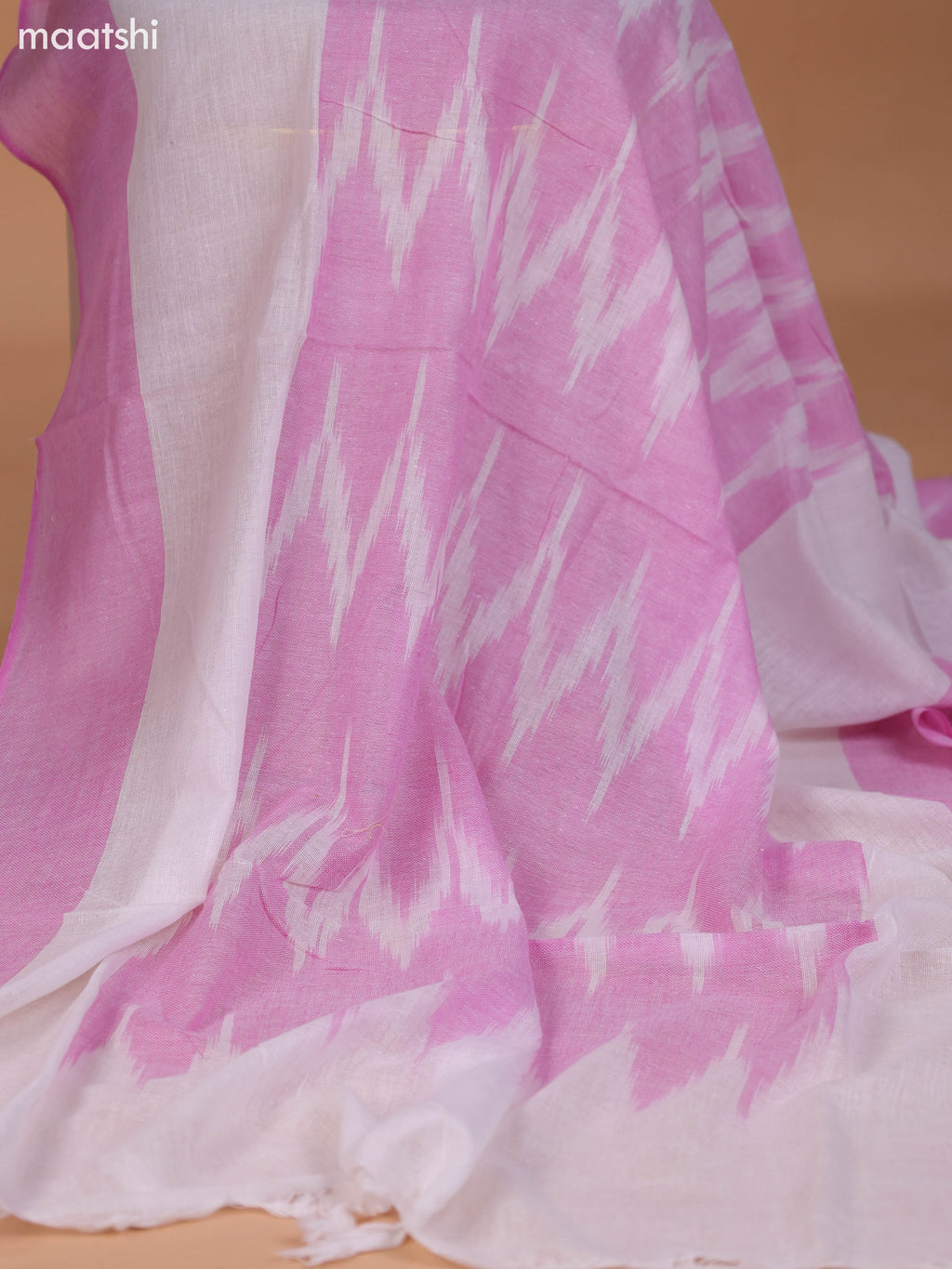 Pink and Off White Cotton Dress Material With Ikat Weaves & Embroidery Work Neck Pattern and Bottom & Dupatta