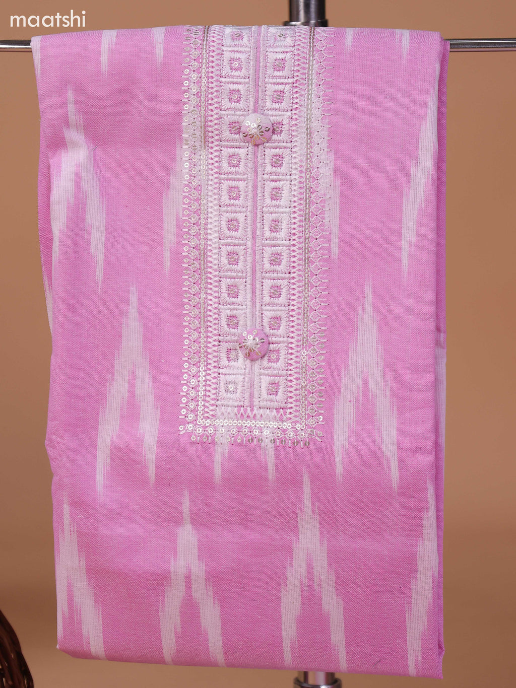 Pink and Off White Cotton Dress Material With Ikat Weaves & Embroidery Work Neck Pattern and Bottom & Dupatta