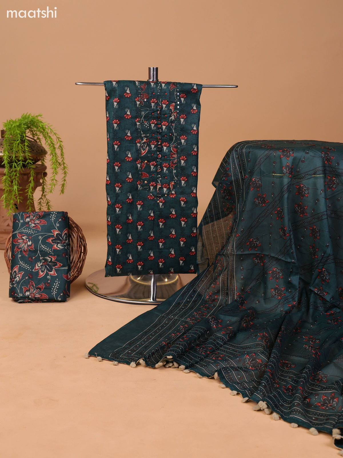 Mustard Green and Teal Green Cotton Dress Material With Floral Butta Prints & Embroidery Work Neck Pattern and Bottom & Dupatta