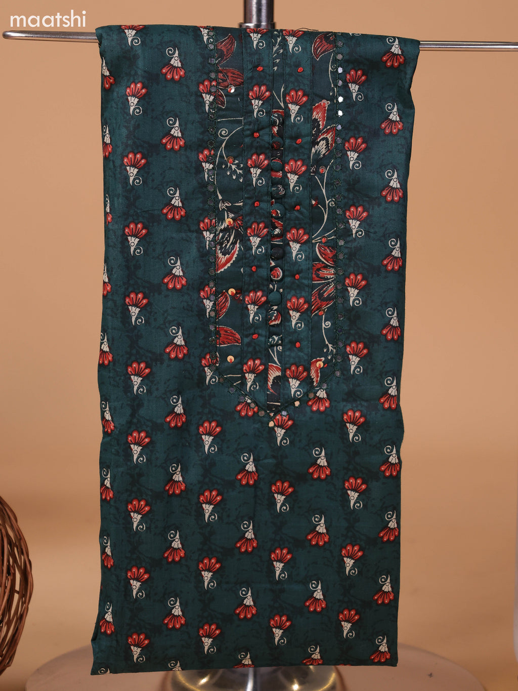 Mustard Green and Teal Green Cotton Dress Material With Floral Butta Prints & Embroidery Work Neck Pattern and Bottom & Dupatta