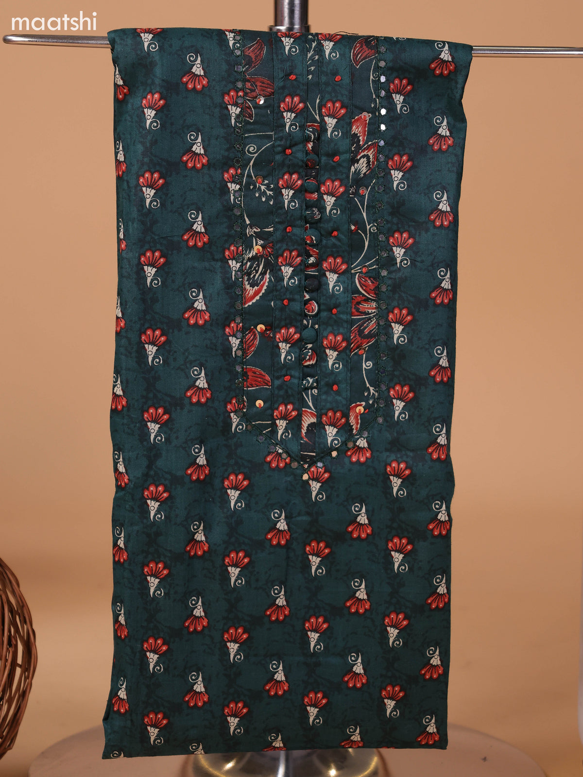 Mustard Green and Teal Green Cotton Dress Material With Floral Butta Prints & Embroidery Work Neck Pattern and Bottom & Dupatta