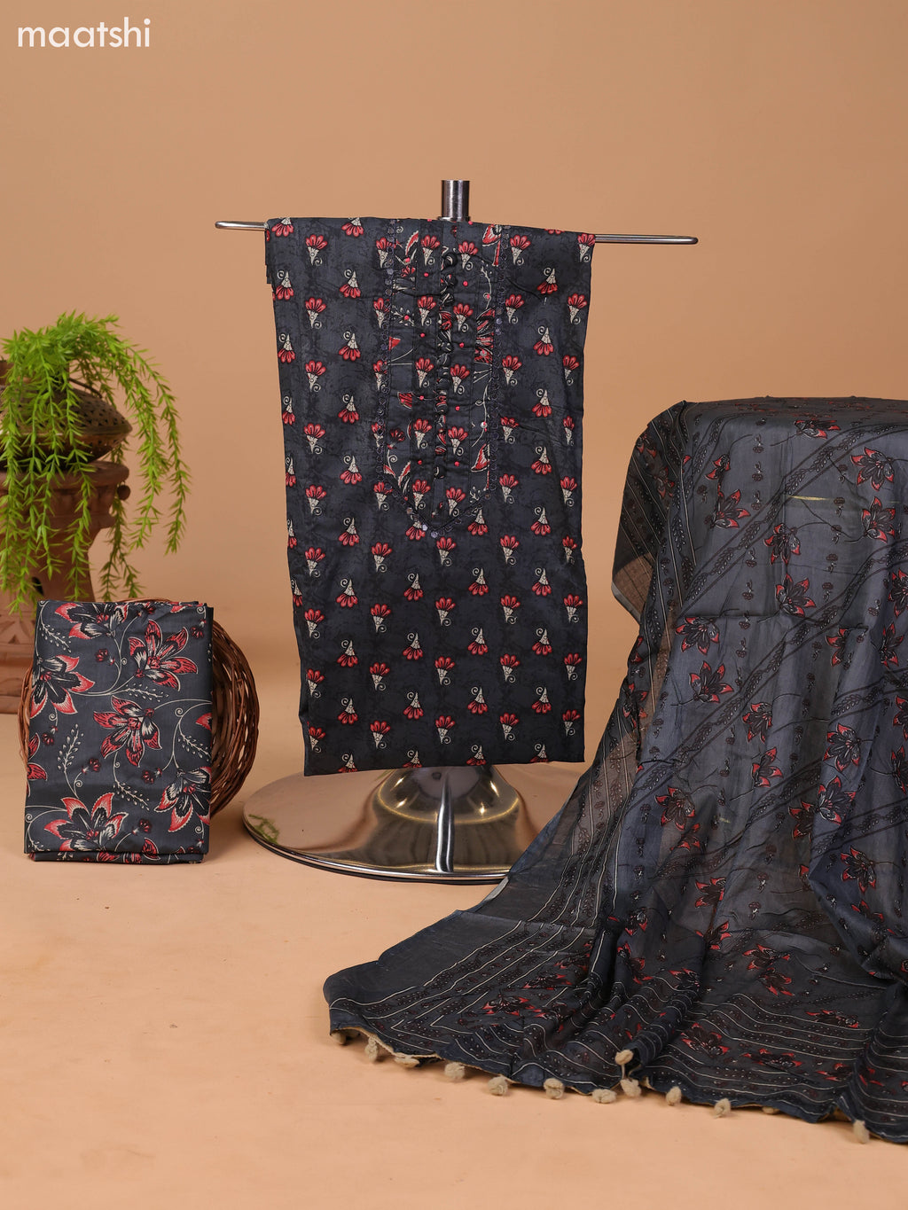 Dark Grey and Peach Pink Cotton Dress Material With Floral Butta Prints & Embroidery Work Neck Pattern and Bottom & Dupatta