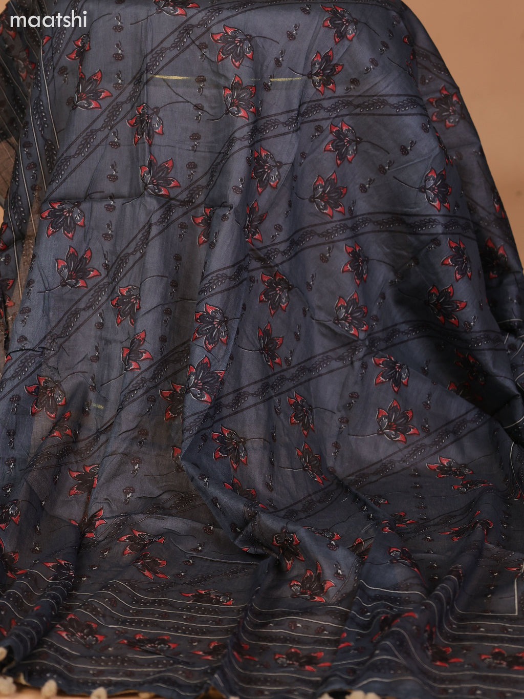 Dark Grey and Peach Pink Cotton Dress Material With Floral Butta Prints & Embroidery Work Neck Pattern and Bottom & Dupatta