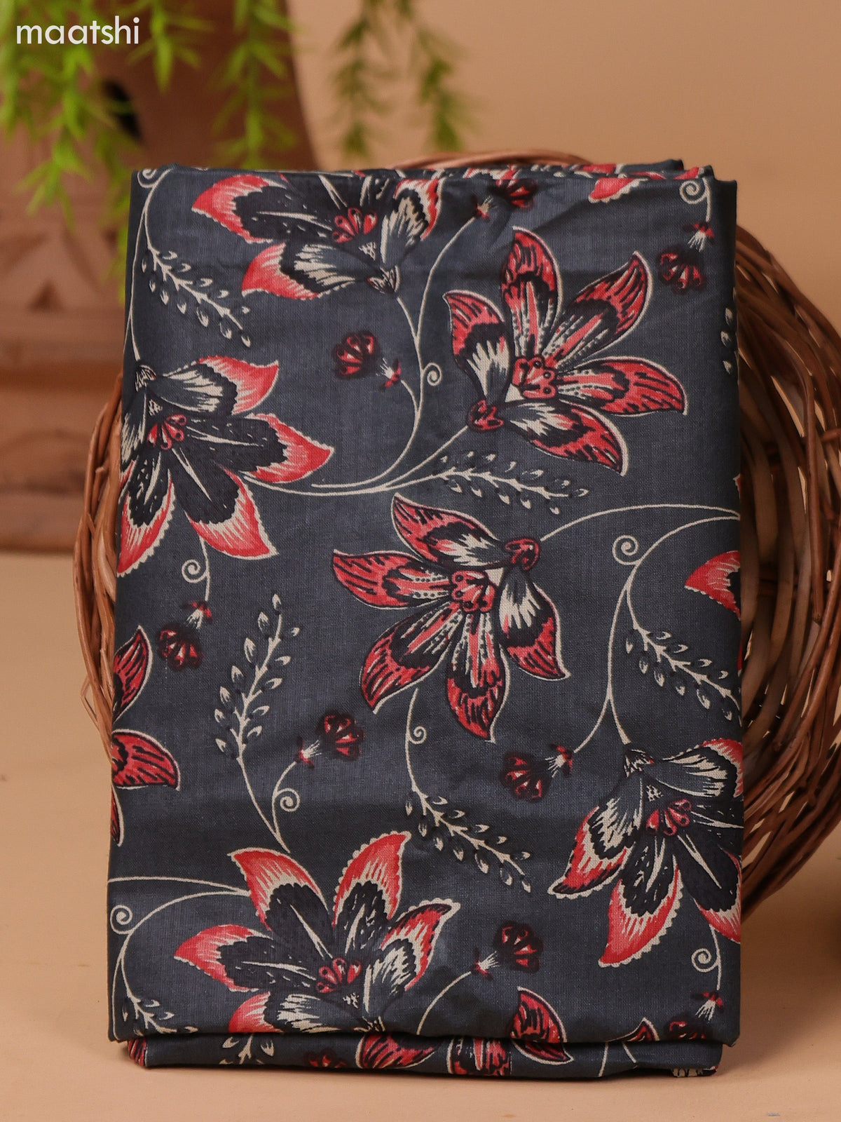 Dark Grey and Peach Pink Cotton Dress Material With Floral Butta Prints & Embroidery Work Neck Pattern and Bottom & Dupatta