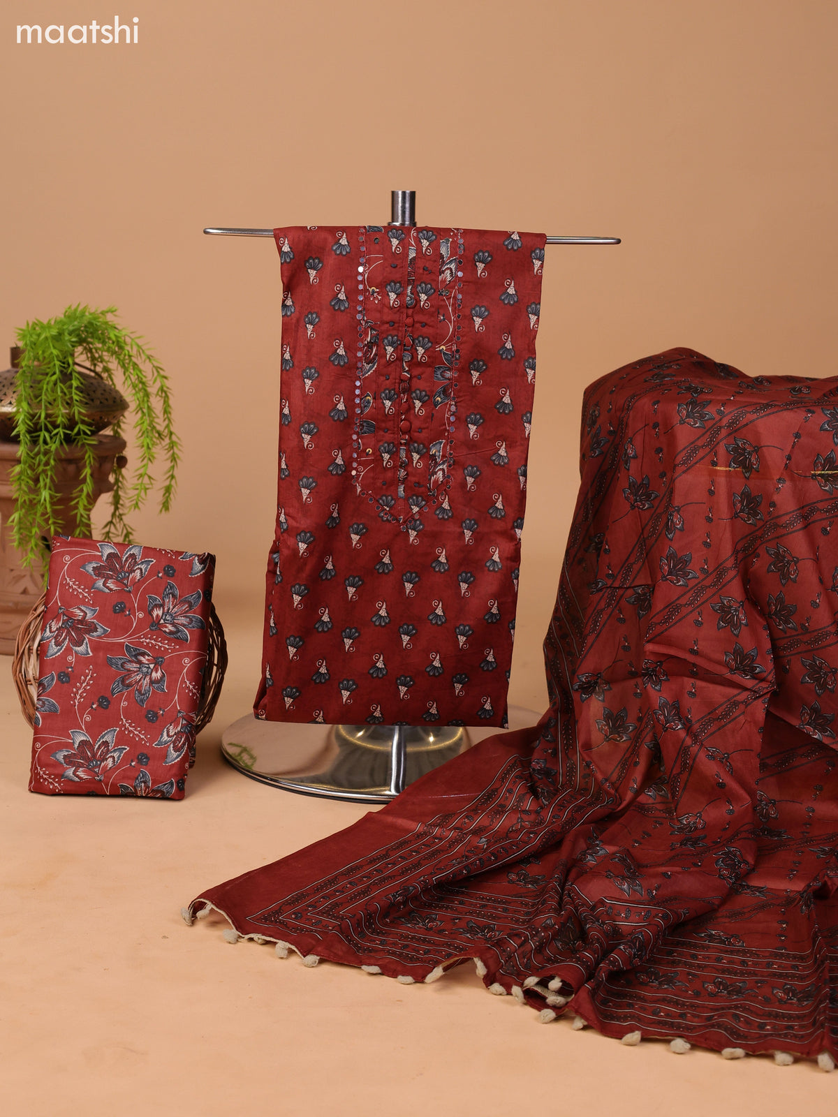Dark Rust and Grey Cotton Dress Material With Floral Butta Prints & Embroidery Work Neck Pattern and Bottom & Dupatta