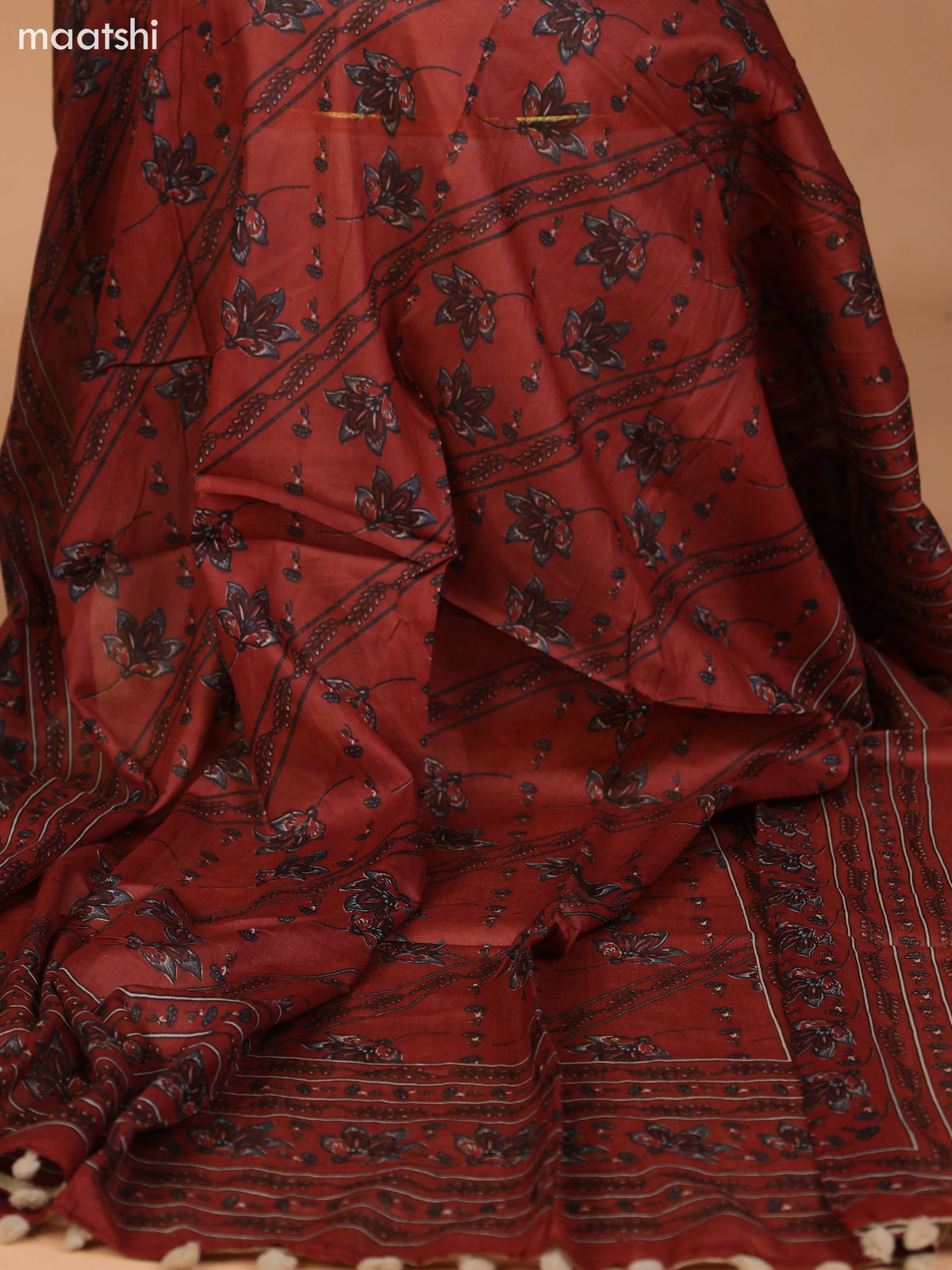 Dark Rust and Grey Cotton Dress Material With Floral Butta Prints & Embroidery Work Neck Pattern and Bottom & Dupatta