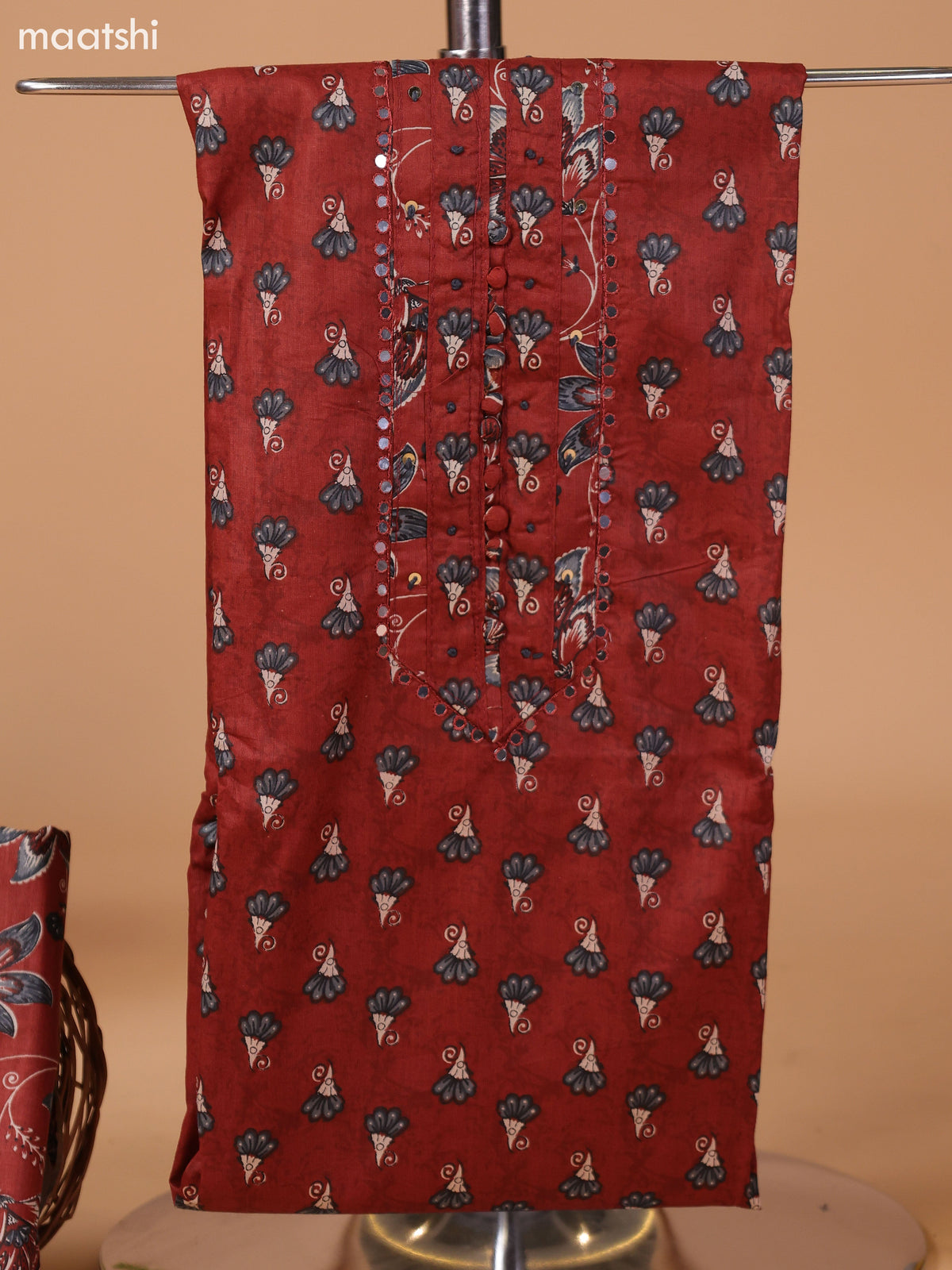 Dark Rust and Grey Cotton Dress Material With Floral Butta Prints & Embroidery Work Neck Pattern and Bottom & Dupatta