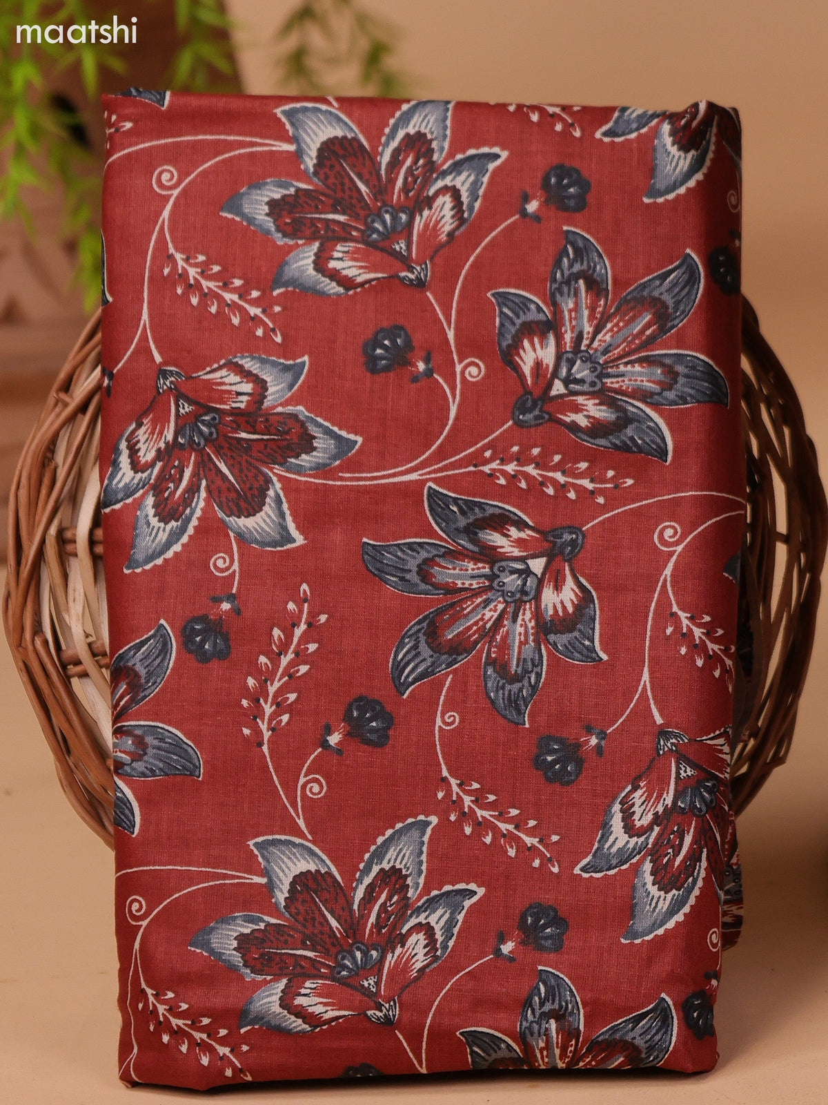 Dark Rust and Grey Cotton Dress Material With Floral Butta Prints & Embroidery Work Neck Pattern and Bottom & Dupatta
