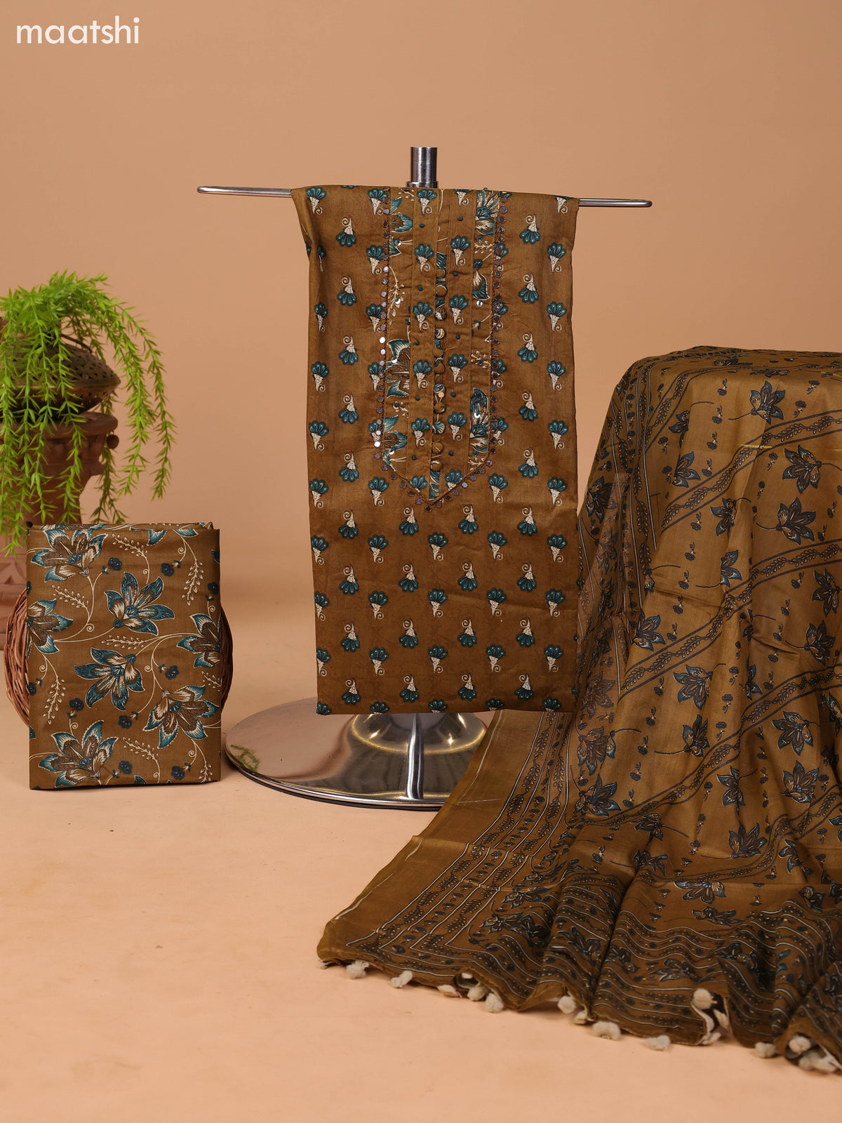 Mustard Green and Teal Green Cotton Dress Material With Floral Butta Prints & Embroidery Work Neck Pattern and Bottom & Dupatta