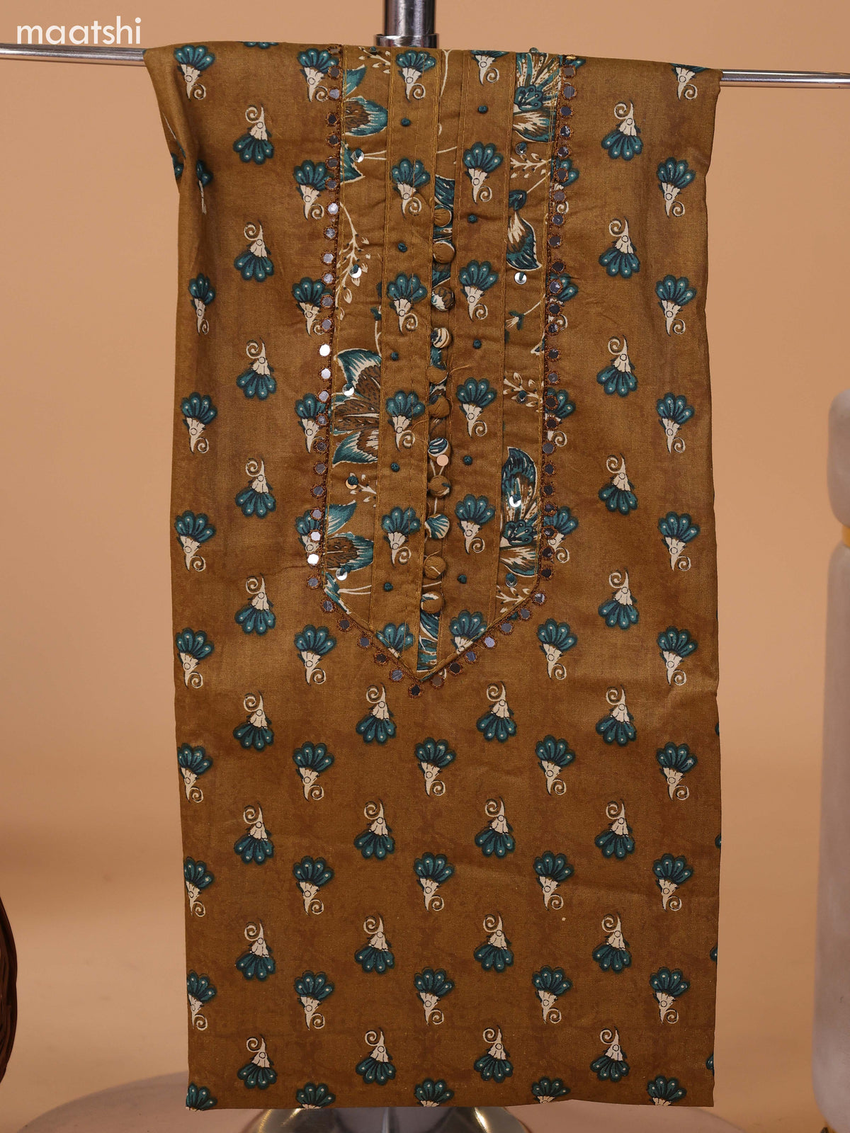 Mustard Green and Teal Green Cotton Dress Material With Floral Butta Prints & Embroidery Work Neck Pattern and Bottom & Dupatta