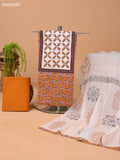 Mustard Yellow and Off White Cotton Dress Material With Ajrakh Prints & Patch Work Neck Pattern and Bottom & Dupatta