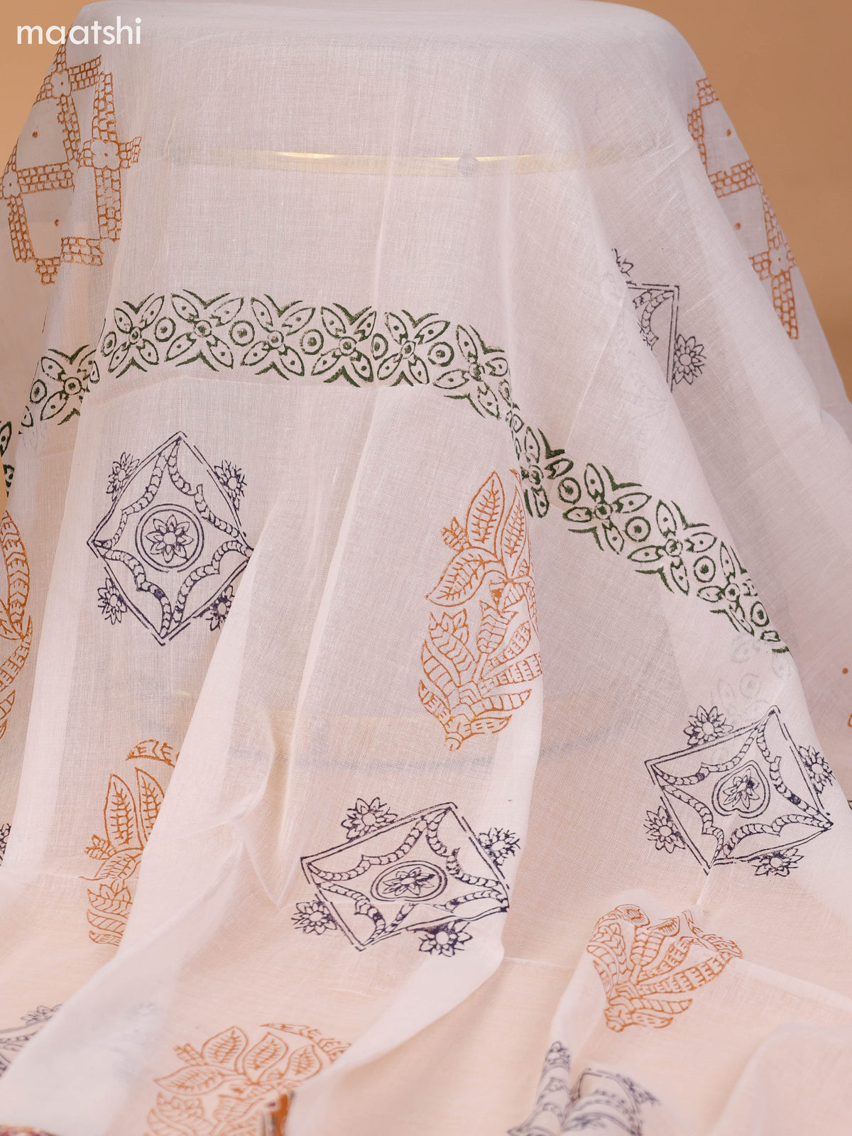 Mustard Yellow and Off White Cotton Dress Material With Ajrakh Prints & Patch Work Neck Pattern and Bottom & Dupatta