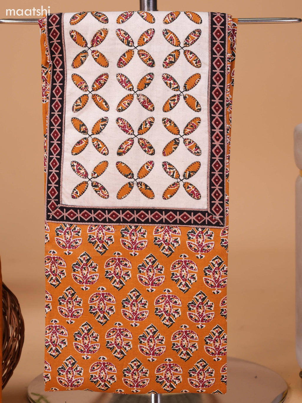 Mustard Yellow and Off White Cotton Dress Material With Ajrakh Prints & Patch Work Neck Pattern and Bottom & Dupatta