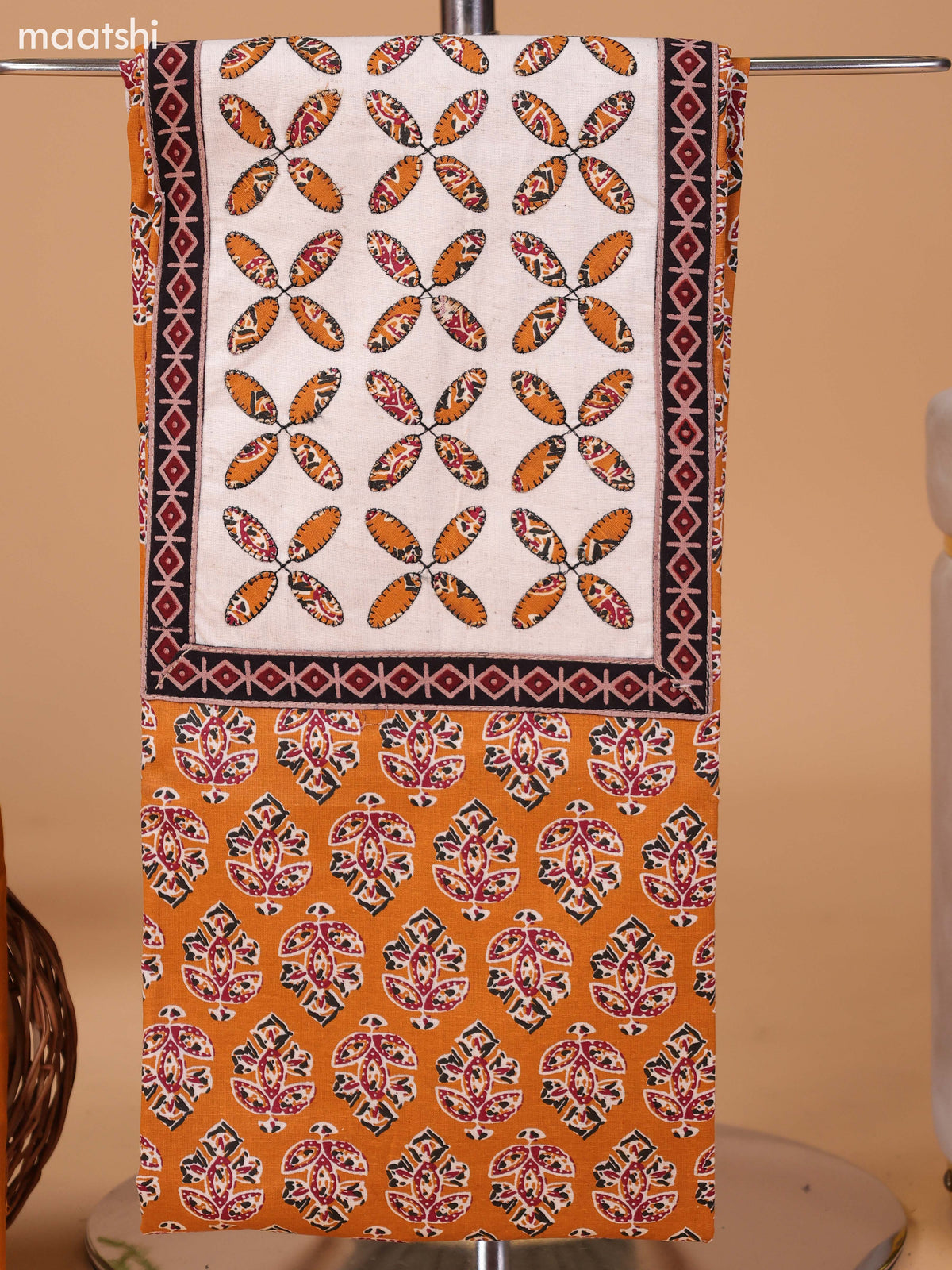 Mustard Yellow and Off White Cotton Dress Material With Ajrakh Prints & Patch Work Neck Pattern and Bottom & Dupatta