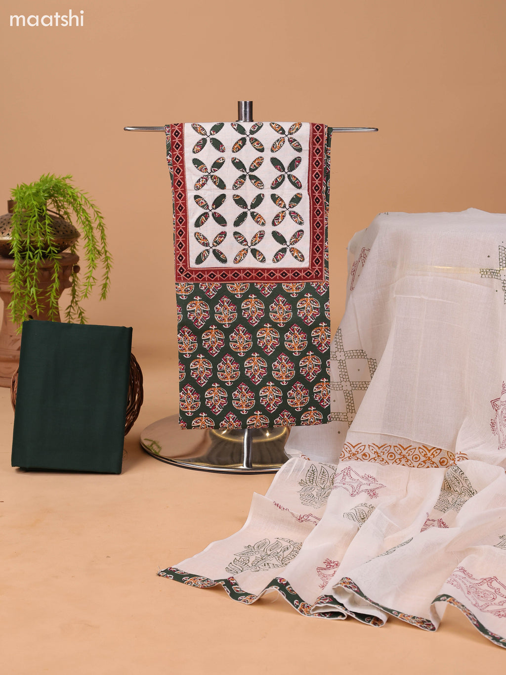 Sap Green and Off White Cotton Dress Material With Ajrakh Prints & Patch Work Neck Pattern and Bottom & Dupatta