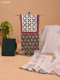 Sap Green and Off White Cotton Dress Material With Ajrakh Prints & Patch Work Neck Pattern and Bottom & Dupatta