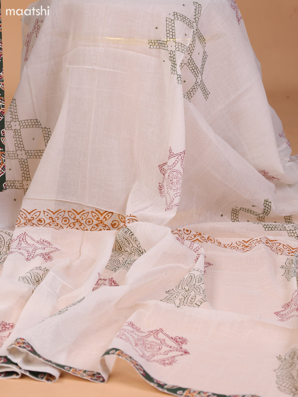 Sap Green and Off White Cotton Dress Material With Ajrakh Prints & Patch Work Neck Pattern and Bottom & Dupatta