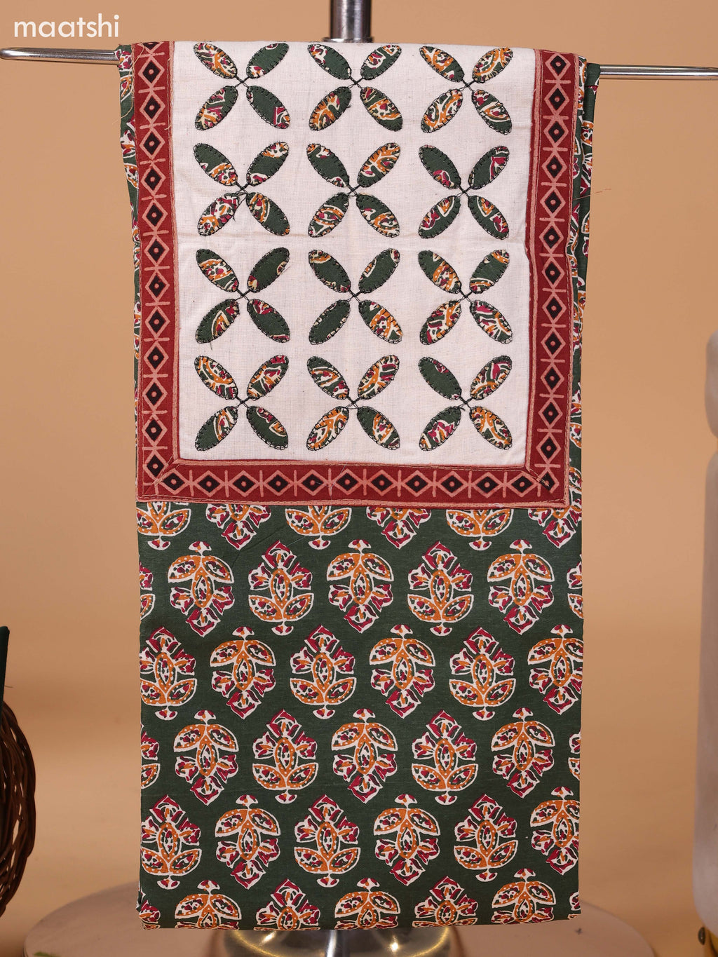 Sap Green and Off White Cotton Dress Material With Ajrakh Prints & Patch Work Neck Pattern and Bottom & Dupatta