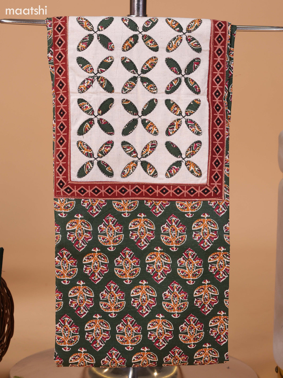 Sap Green and Off White Cotton Dress Material With Ajrakh Prints & Patch Work Neck Pattern and Bottom & Dupatta