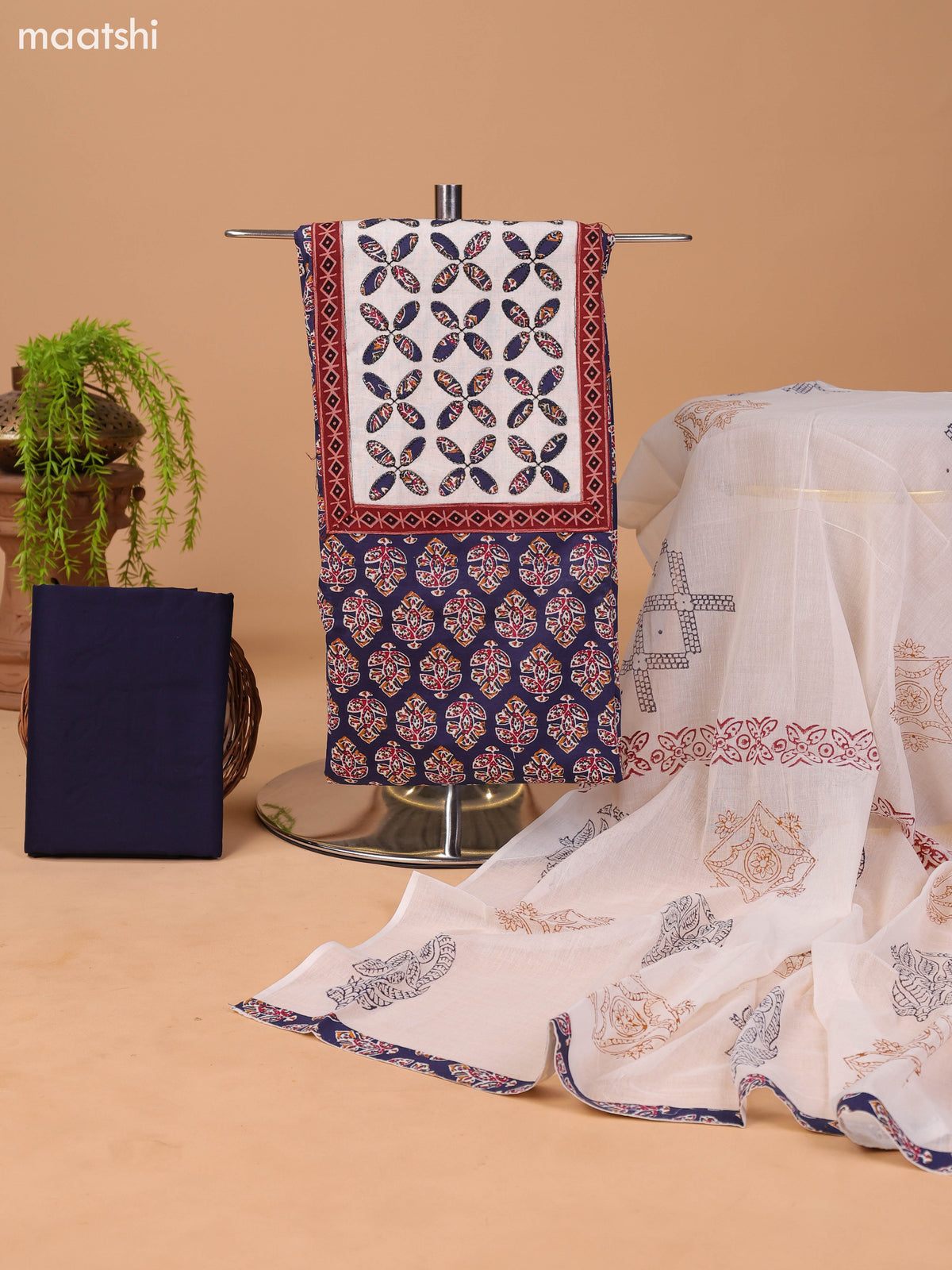 Navy Blue and Off White Cotton Dress Material With Ajrakh Prints & Patch Work Neck Pattern and Bottom & Dupatta