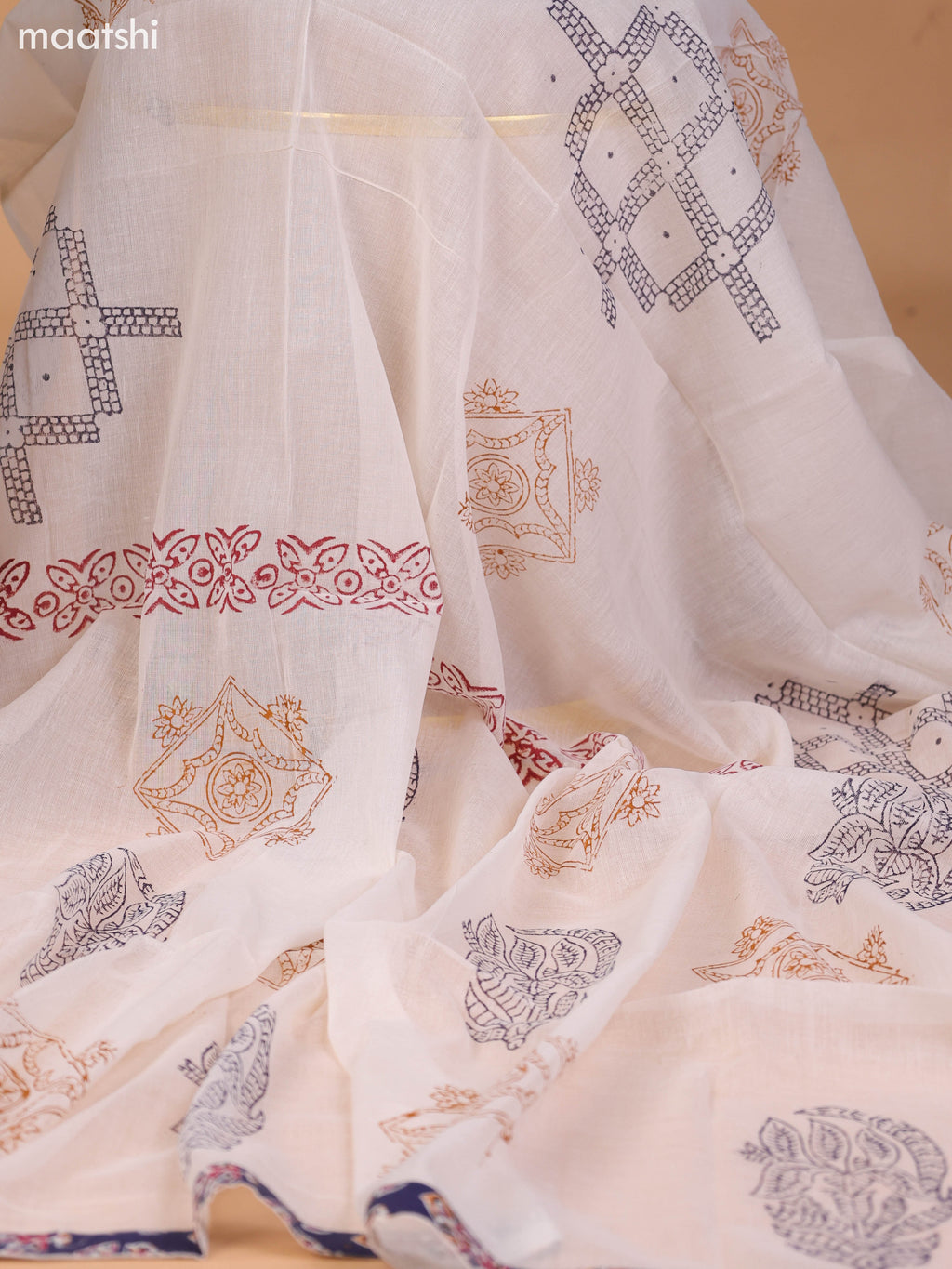 Navy Blue and Off White Cotton Dress Material With Ajrakh Prints & Patch Work Neck Pattern and Bottom & Dupatta