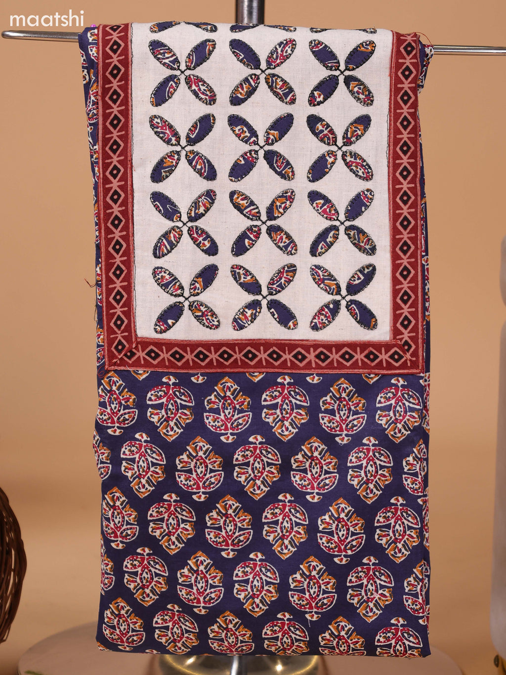 Navy Blue and Off White Cotton Dress Material With Ajrakh Prints & Patch Work Neck Pattern and Bottom & Dupatta