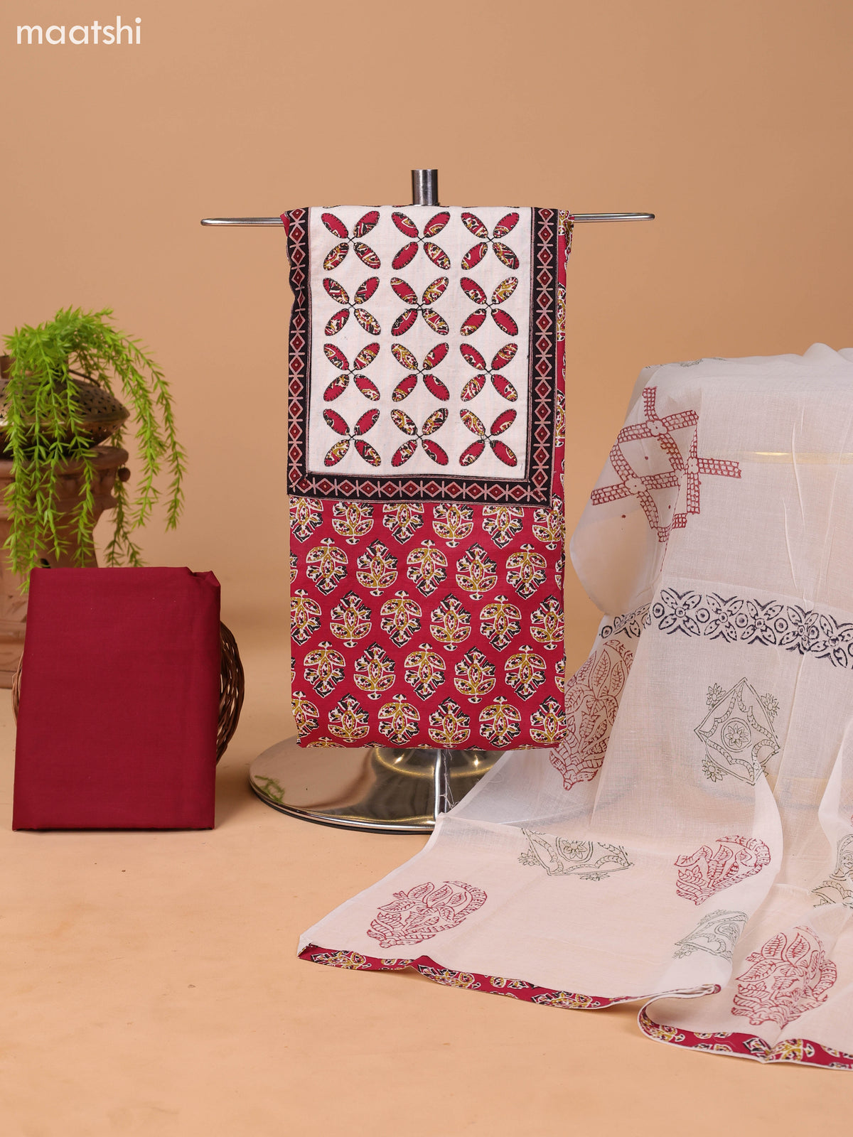 Maroon and Off White Cotton Dress Material With Ajrakh Prints & Patch Work Neck Pattern and Bottom & Dupatta