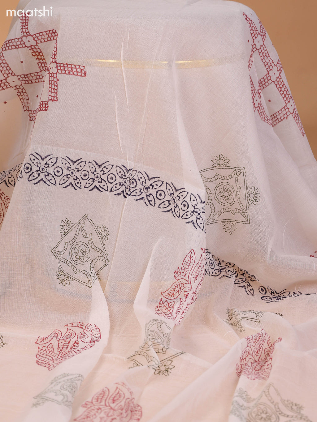 Maroon and Off White Cotton Dress Material With Ajrakh Prints & Patch Work Neck Pattern and Bottom & Dupatta