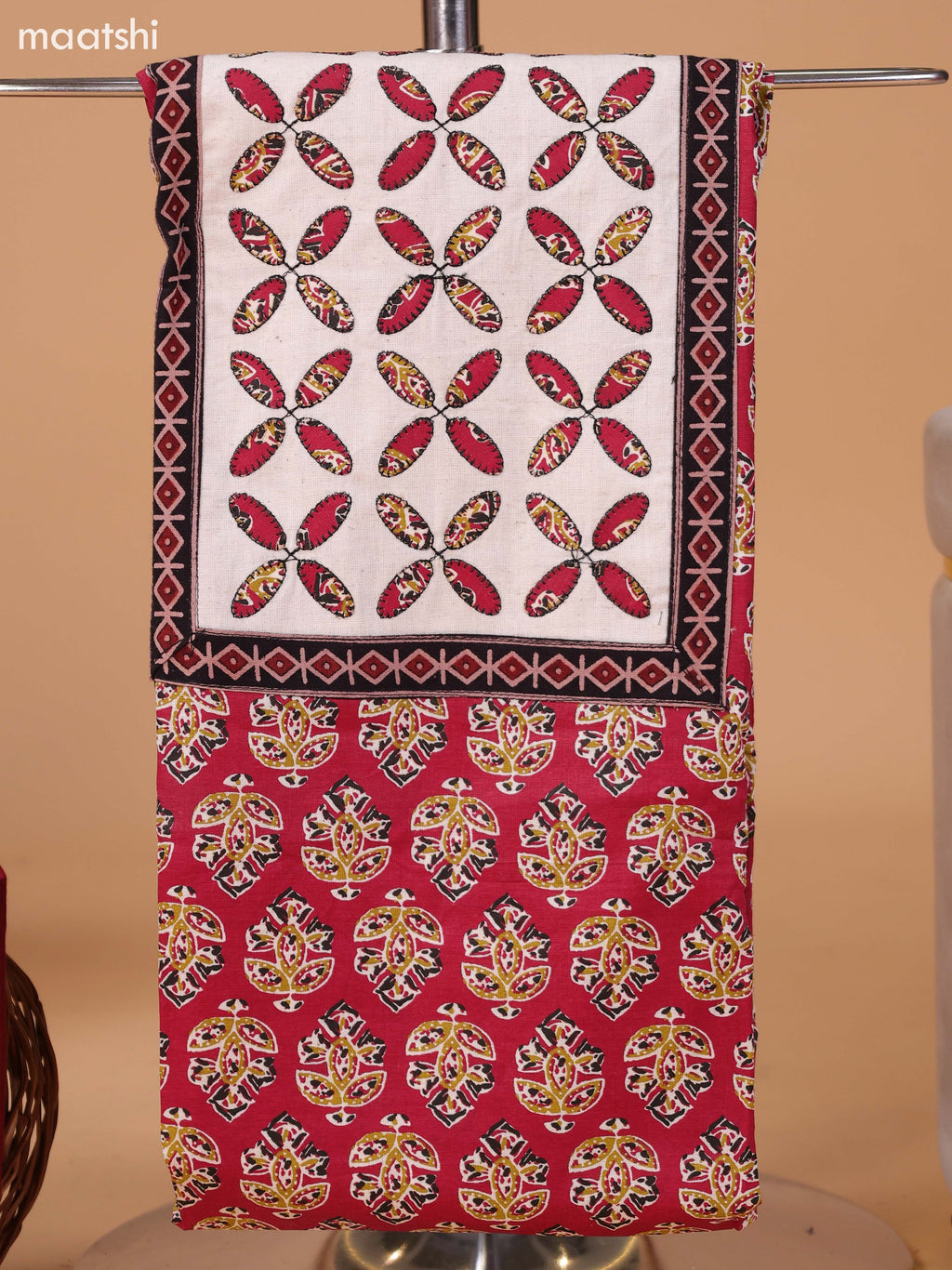 Maroon and Off White Cotton Dress Material With Ajrakh Prints & Patch Work Neck Pattern and Bottom & Dupatta