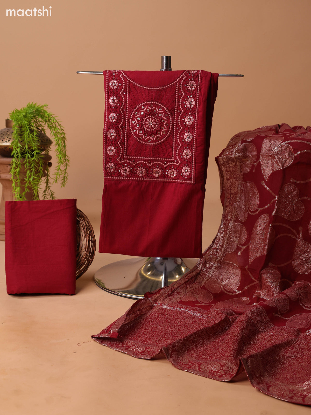 Maroon Cotton Dress Material With Plain Body & Embroidery Work Neck Pattern and Bottom & Dupatta