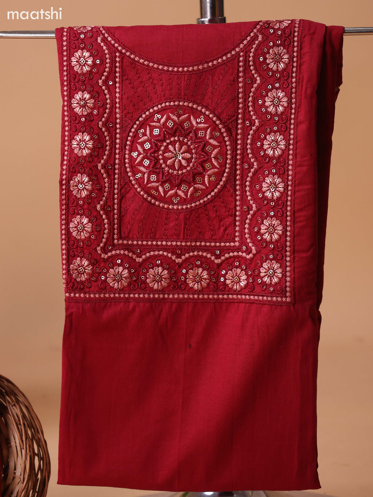 Maroon Cotton Dress Material With Plain Body & Embroidery Work Neck Pattern and Bottom & Dupatta