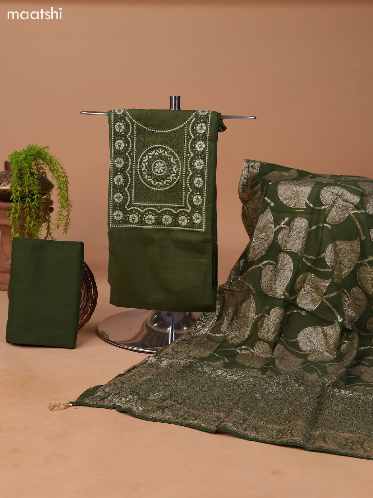 Sap Green Cotton Dress Material With Plain Body & Embroidery Work Neck Pattern and Bottom & Dupatta
