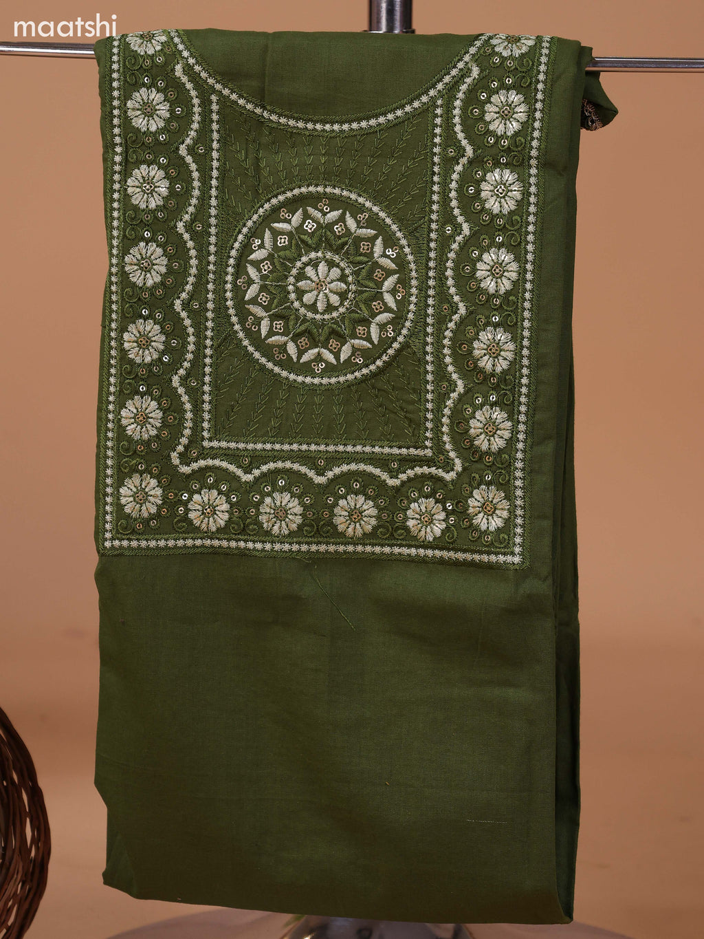Sap Green Cotton Dress Material With Plain Body & Embroidery Work Neck Pattern and Bottom & Dupatta